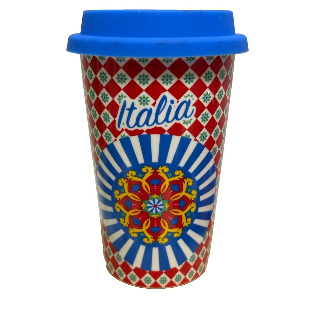 Italia Ceramic Travel Mug Tumbler Blue Silicone Lid Italian Tile Pattern 5.5"